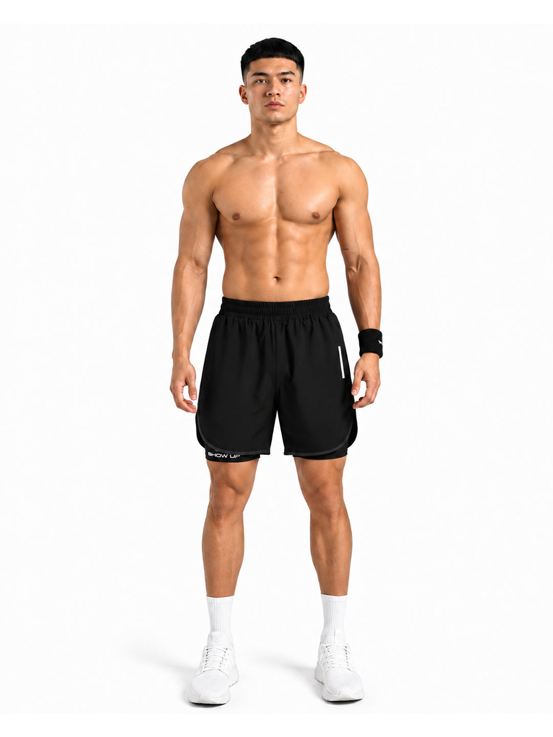 Men Double Layered Sports Running Shorts Black