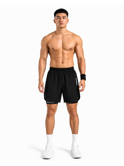 Men Double Layered Sports Running Shorts Black