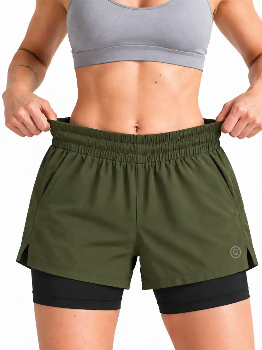 Women's Double Layered Sports Running Shorts Olive Black