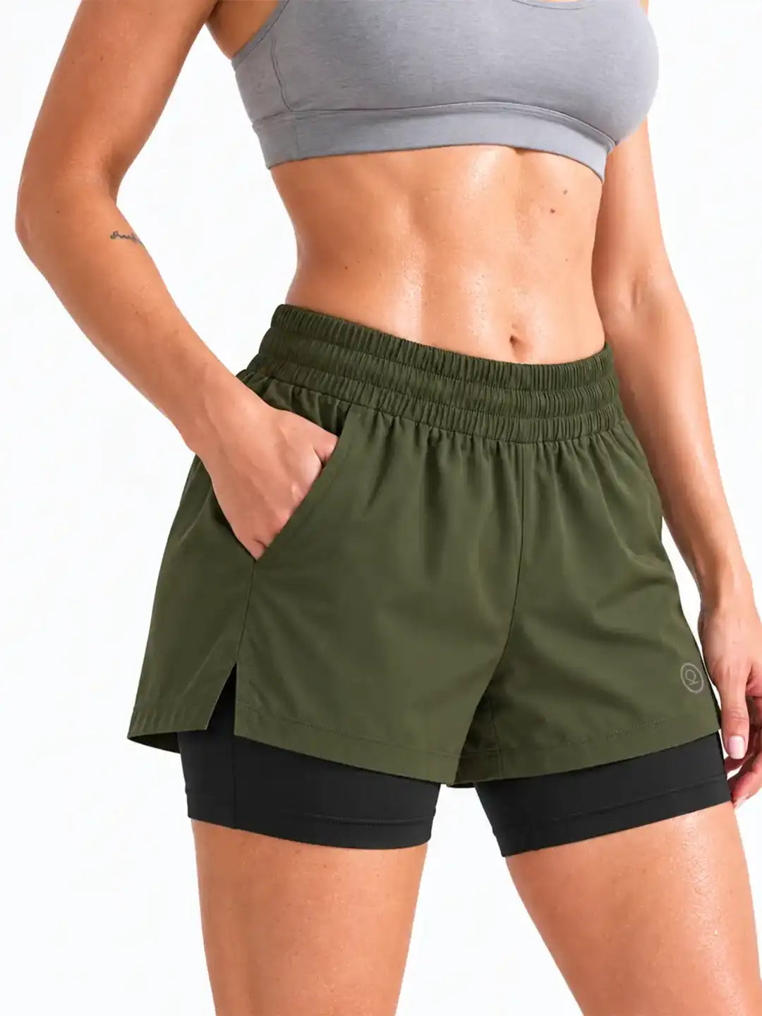 Women's Double Layered Sports Running Shorts Olive Black