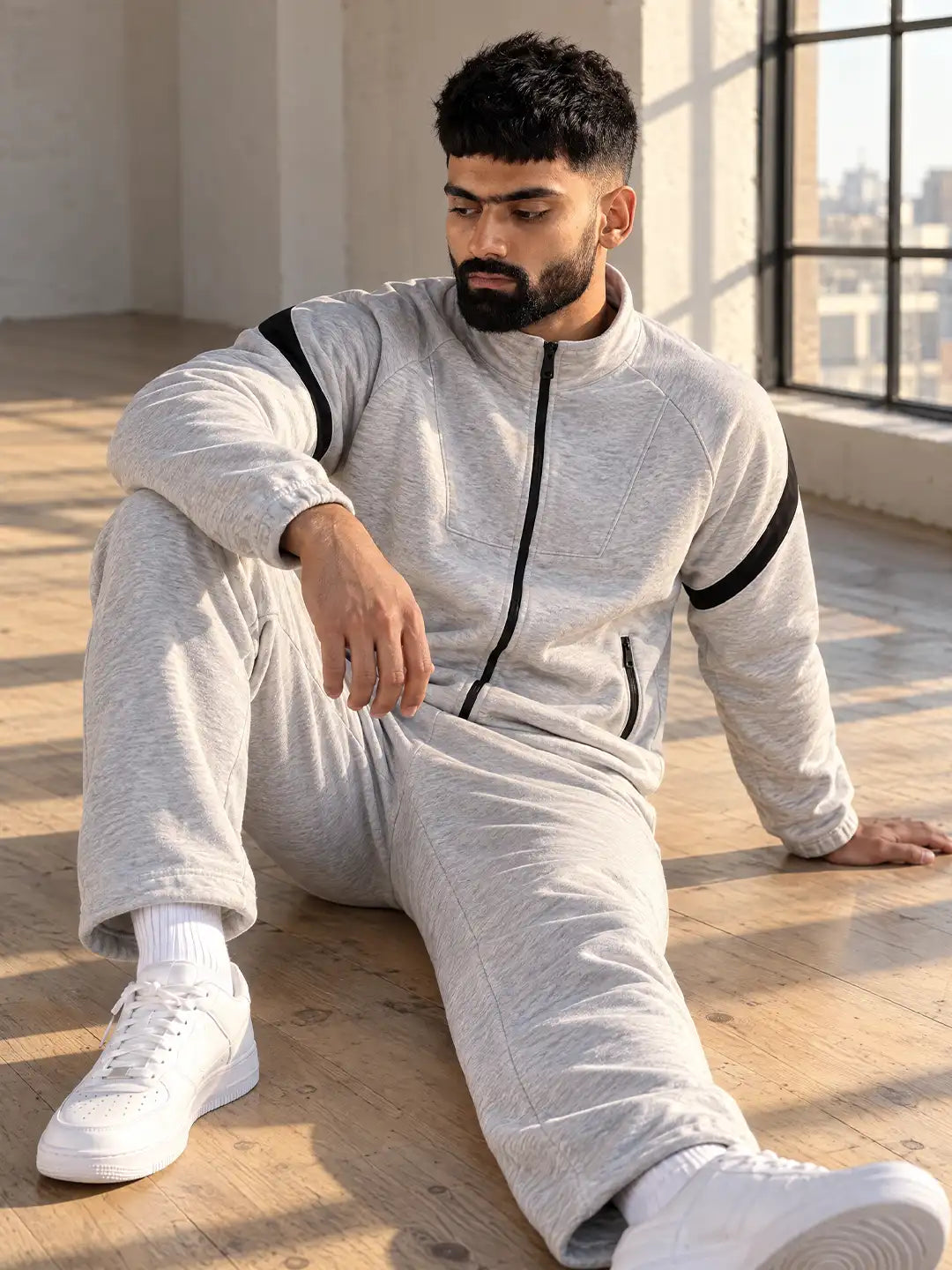 Grey Black Heavy Fleece Winter Tracksuit Men