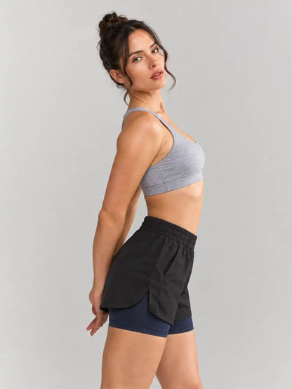 Women's Double Layered Dry Fit Sports Running Shorts Black Purple