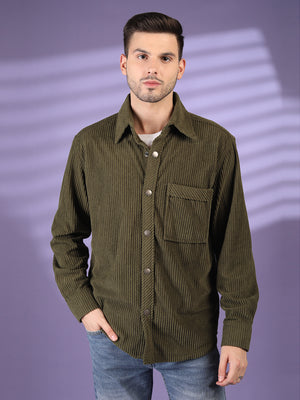 Men Winter Wear Solid Corduroy Casual Shacket