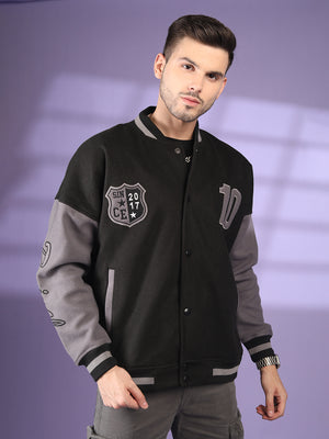 Men Oversized Winter Wear Varsity Jacket with Ribbed Cuffs