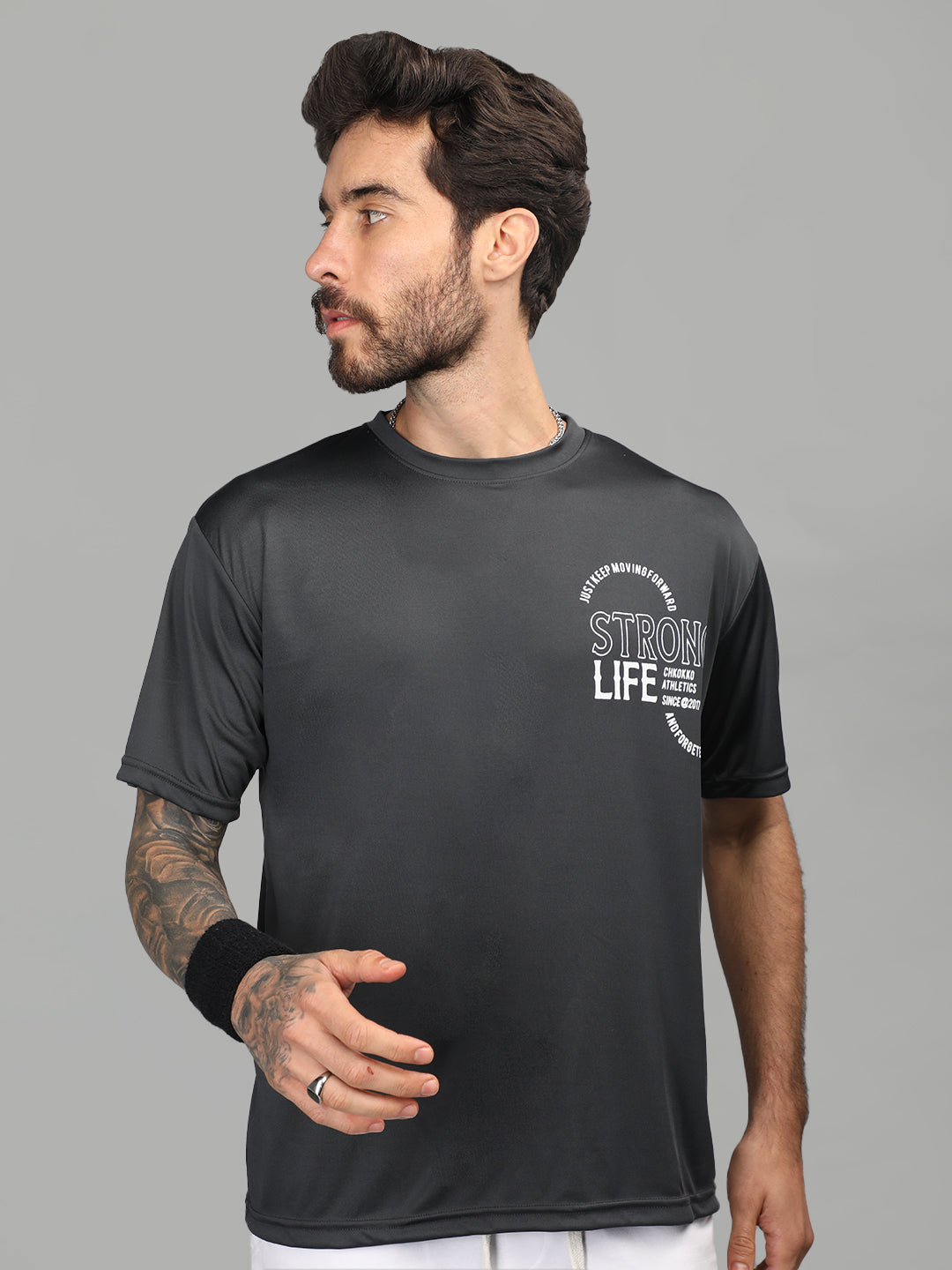 Men's Round Neck Gym Sports Dark Grey