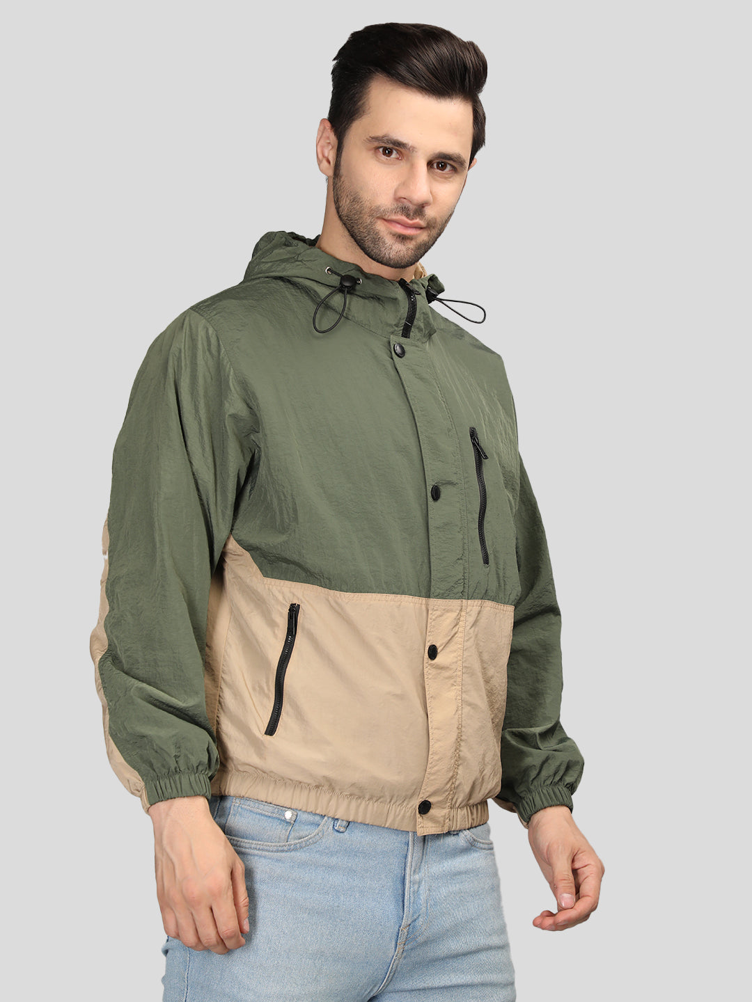 Men Colourblocked Hooded Windcheater Oversized Sports Jacket