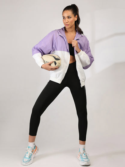 Women Colourblocked Hooded Windcheater Oversized Sports Jacket Lavender White