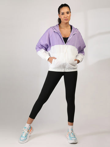 Women Colourblocked Hooded Windcheater Oversized Sports Jacket Lavender White