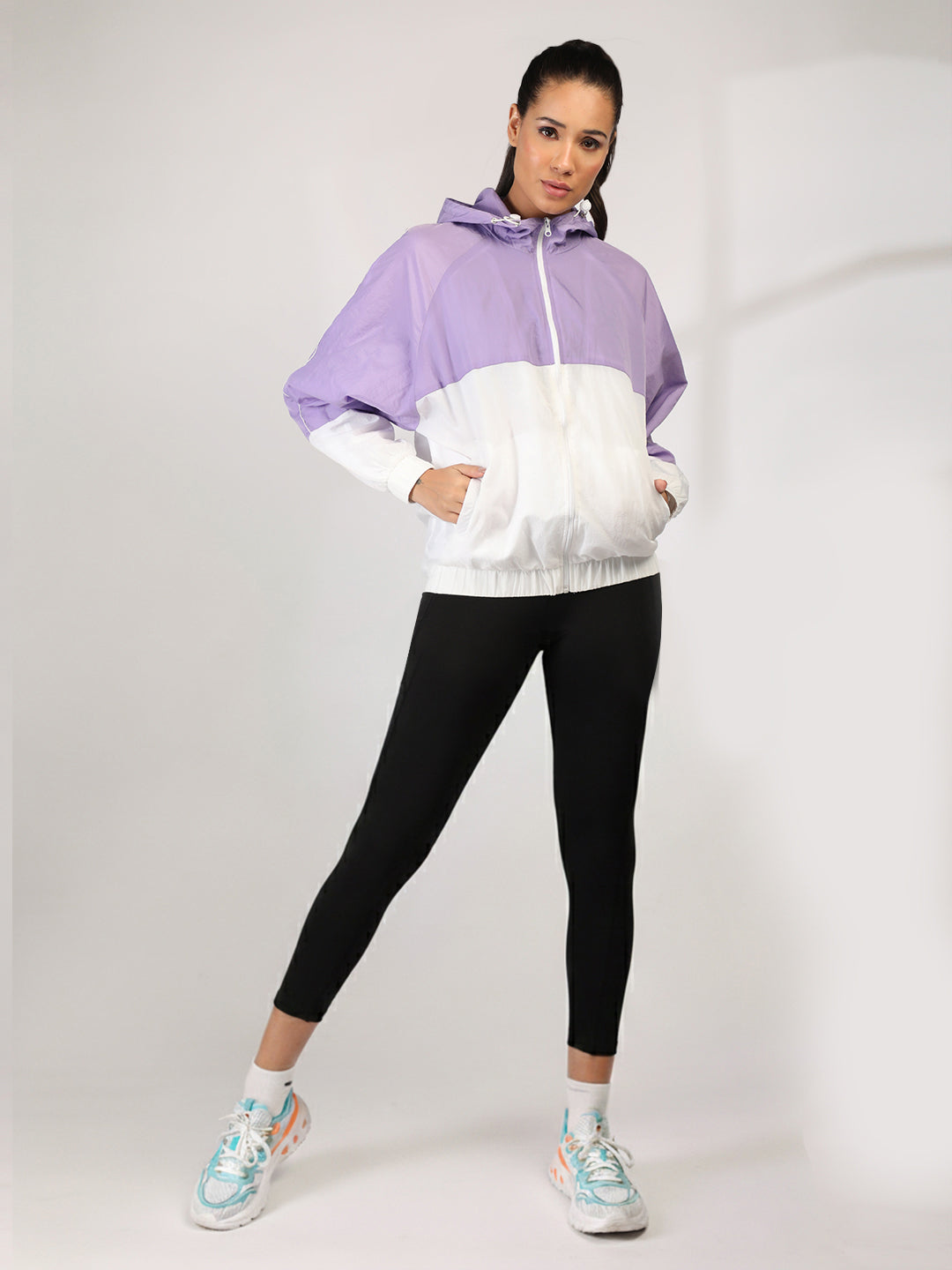 Women Colourblocked Hooded Windcheater Oversized Sports Jacket Lavender White