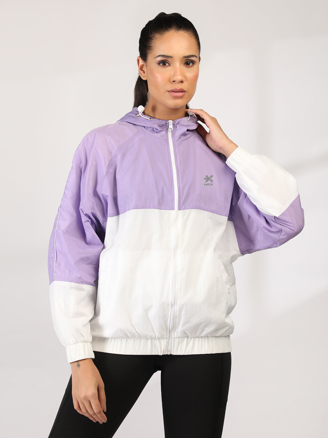 Women Colourblocked Hooded Windcheater Oversized Sports Jacket Lavender White