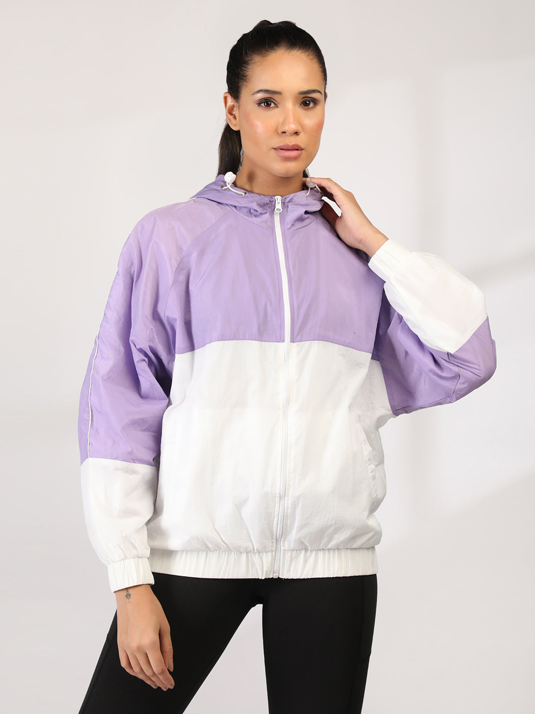 Women Colourblocked Hooded Windcheater Oversized Sports Jacket Lavender White
