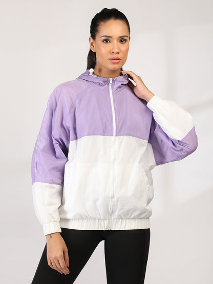 Women Colourblocked Hooded Windcheater Oversized Sports Jacket Lavender White