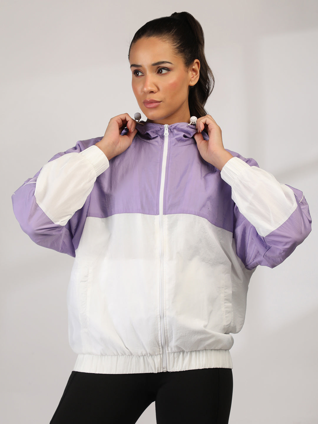 Women Colourblocked Hooded Windcheater Oversized Sports Jacket Lavender White