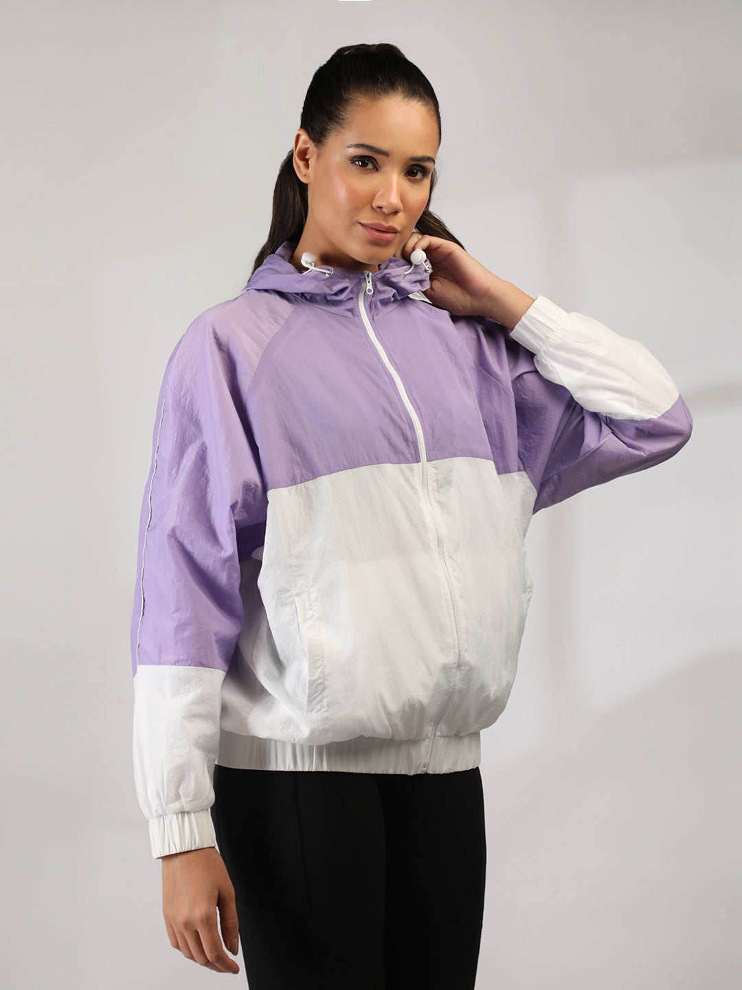 Women Colourblocked Hooded Windcheater Oversized Sports Jacket Lavender White