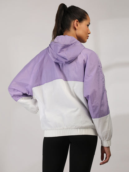 Women Colourblocked Hooded Windcheater Oversized Sports Jacket Lavender White