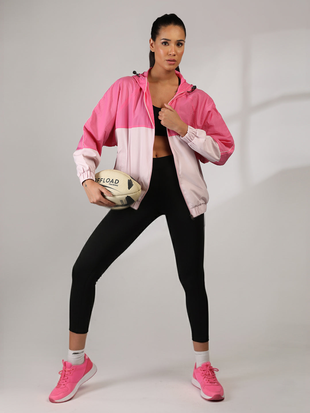 Women Colourblocked Hooded Windcheater Oversized Sports Jacket Pink White