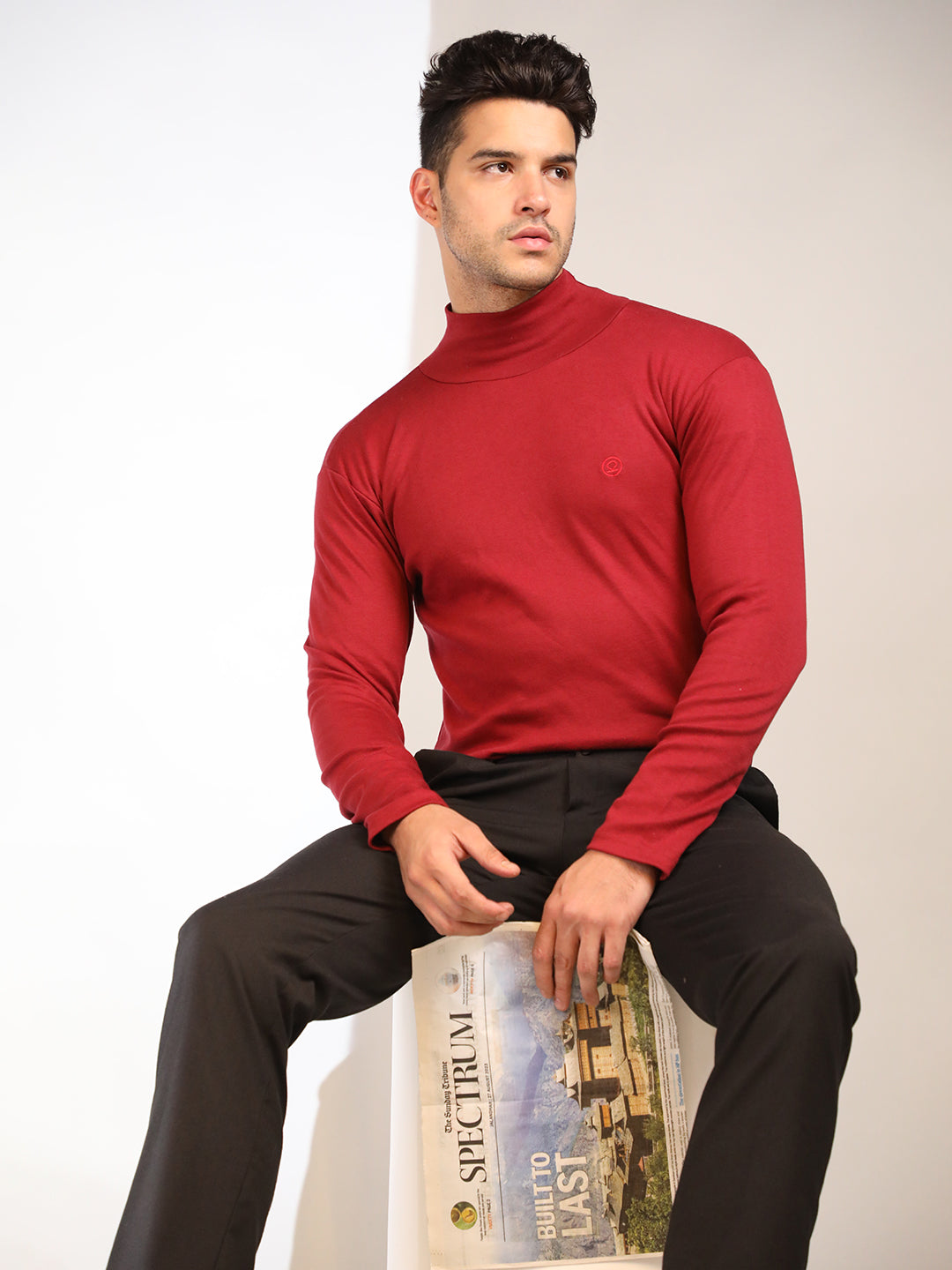 men's maroon high neck t-shirt