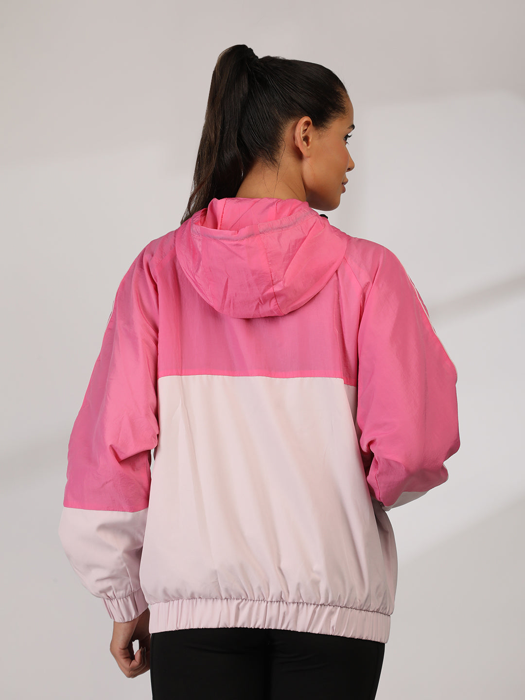 Women Colourblocked Hooded Windcheater Oversized Sports Jacket Pink White
