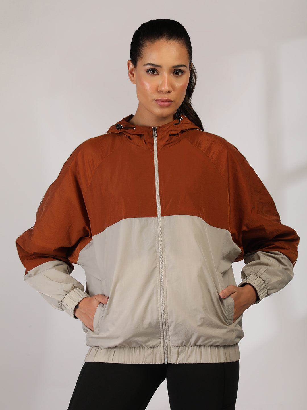 Women Colourblocked Hooded Windcheater Oversized Sports Jacket Rust Sand