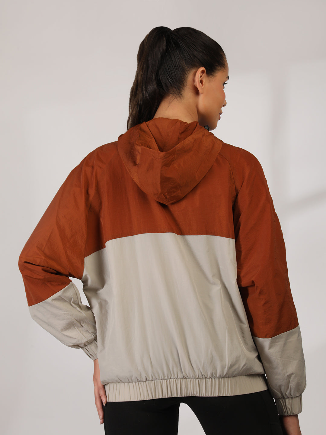 Women Colourblocked Hooded Windcheater Oversized Sports Jacket Rust Sand