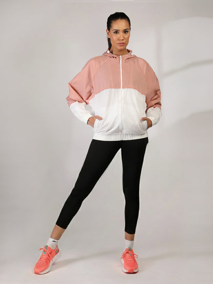 Women Colourblocked Hooded Windcheater Oversized Sports Jacket Peach White