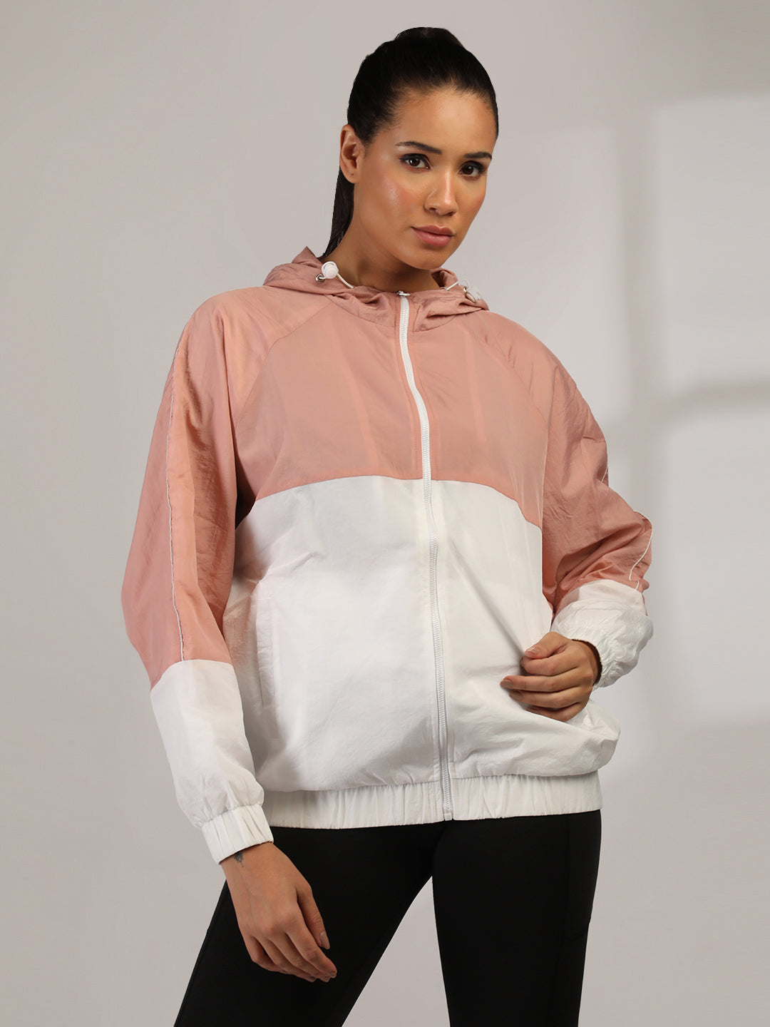 Women Colourblocked Hooded Windcheater Oversized Sports Jacket Peach White
