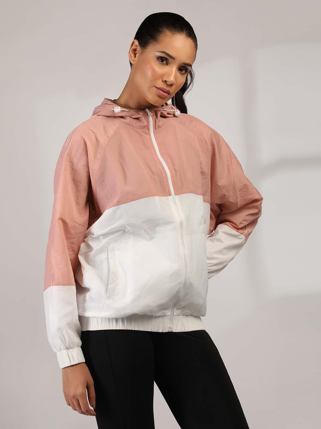 Women Colourblocked Hooded Windcheater Oversized Sports Jacket Peach White