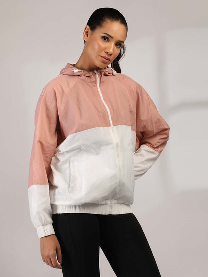 Women Colourblocked Hooded Windcheater Oversized Sports Jacket Peach White