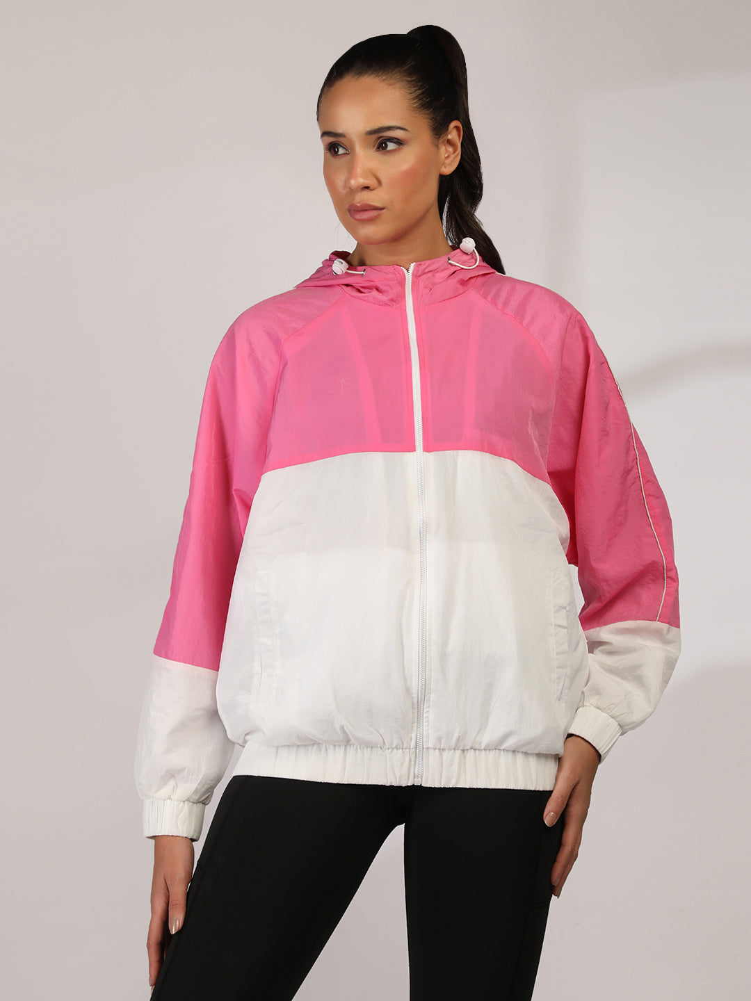 Women Colourblocked Hooded Windcheater Oversized Sports Jacket Candy Pink