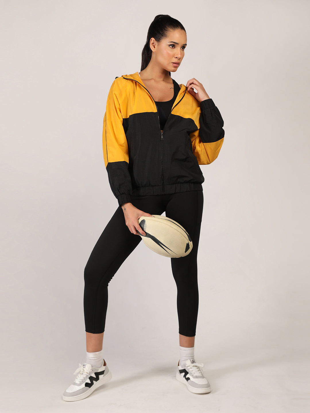 Women Colourblocked Hooded Windcheater Oversized Sports Jacket Yellow Black