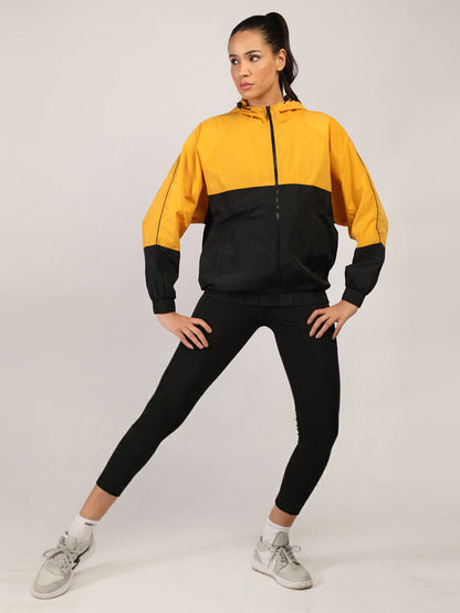 Women Colourblocked Hooded Windcheater Oversized Sports Jacket Yellow Black