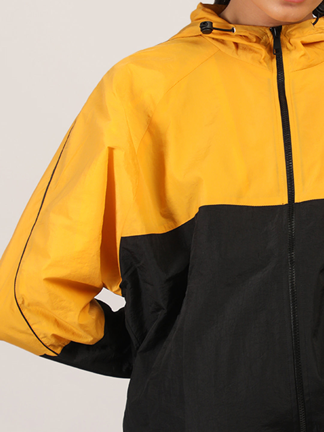 Women Colourblocked Hooded Windcheater Oversized Sports Jacket Yellow Black