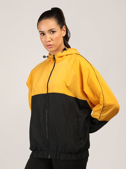 Women Colourblocked Hooded Windcheater Oversized Sports Jacket Yellow Black