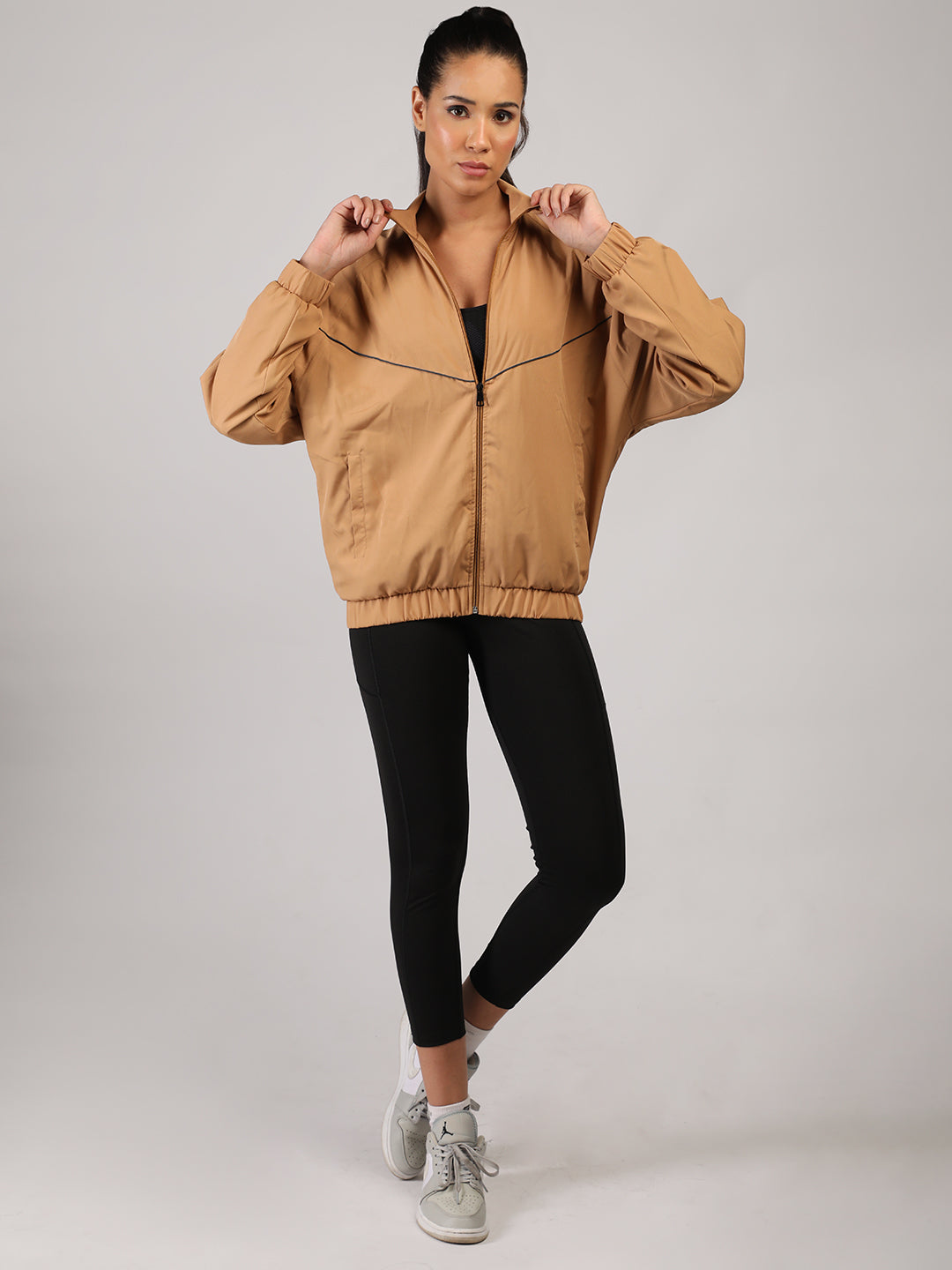 Women Winter Sports Oversized Windcheater Hooded Jacket Camel