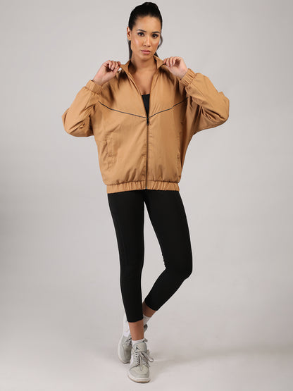 Women Winter Sports Oversized Windcheater Hooded Jacket Camel