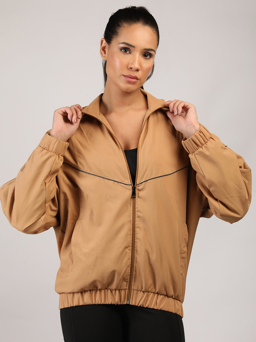 Women Winter Sports Oversized Windcheater Hooded Jacket Camel
