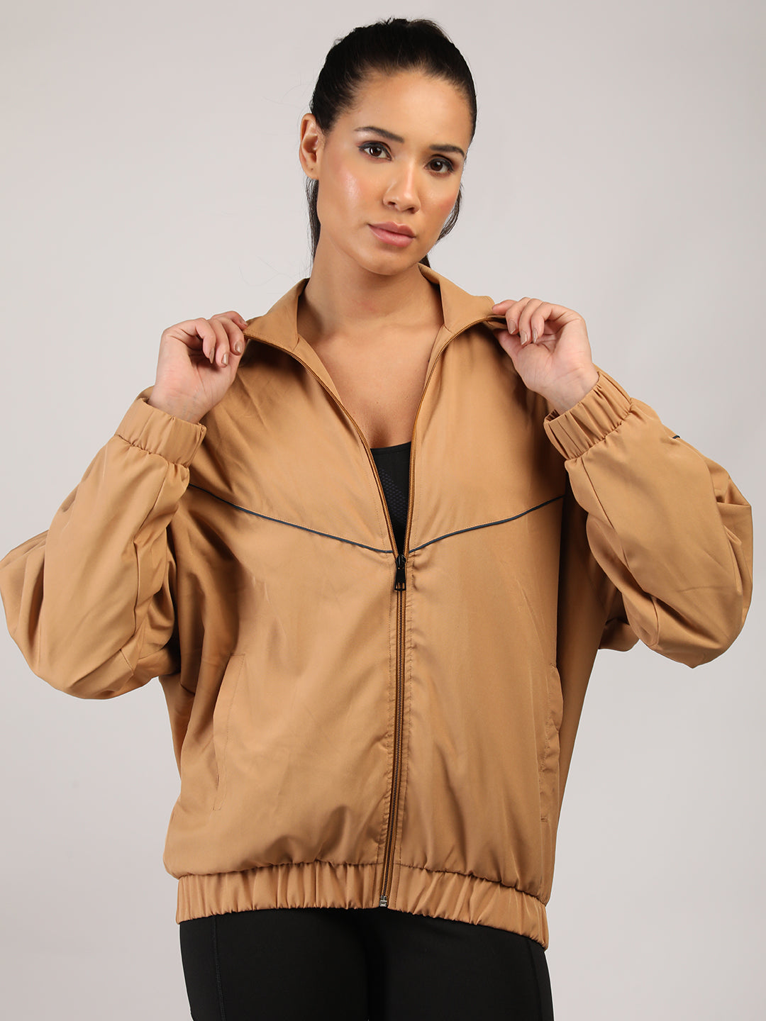 Women Winter Sports Oversized Windcheater Hooded Jacket Camel