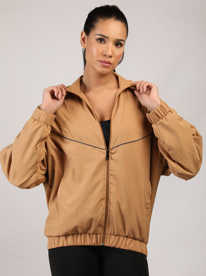 Women Winter Sports Oversized Windcheater Hooded Jacket Camel