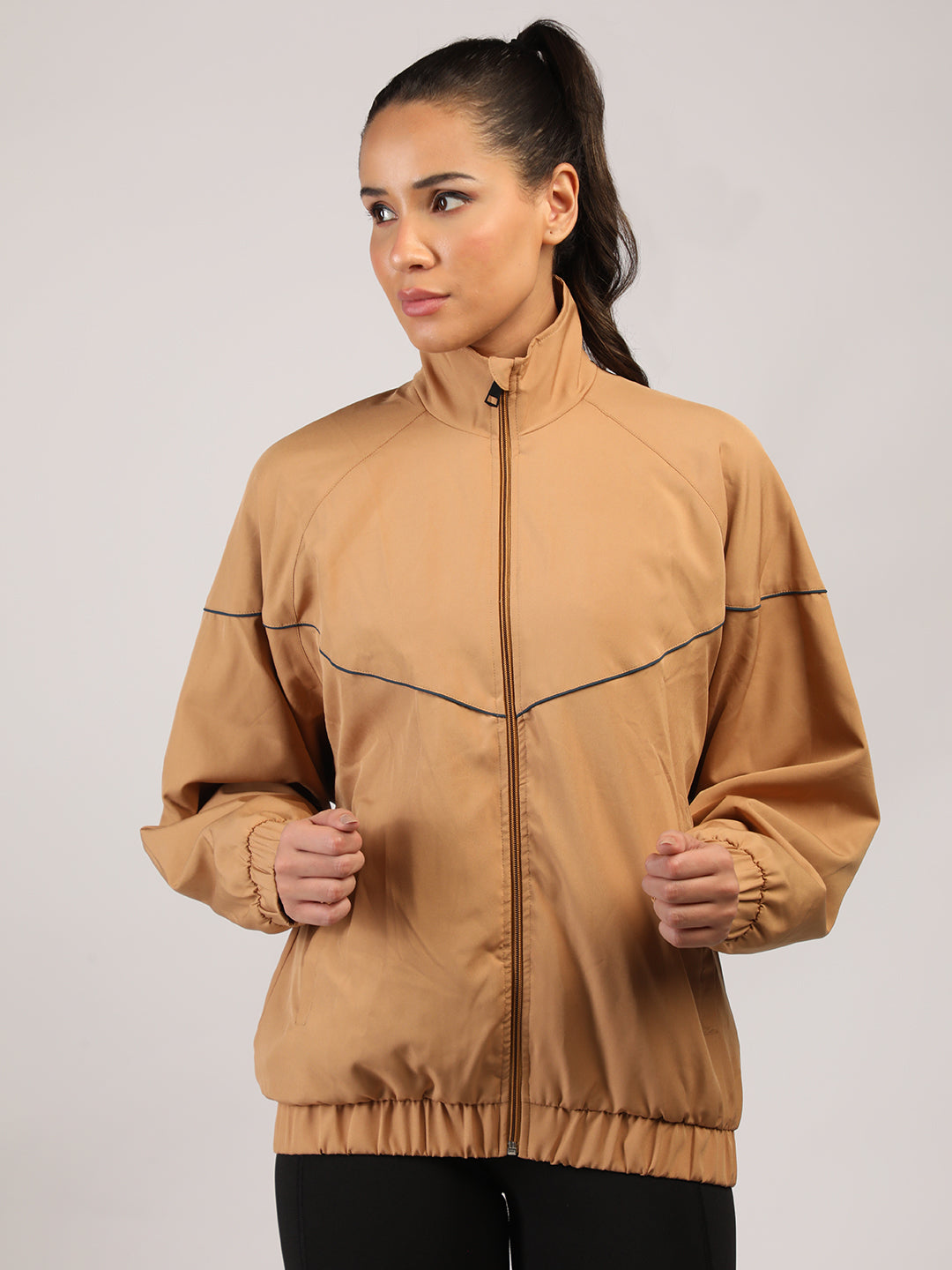 Women Winter Sports Oversized Windcheater Hooded Jacket Camel