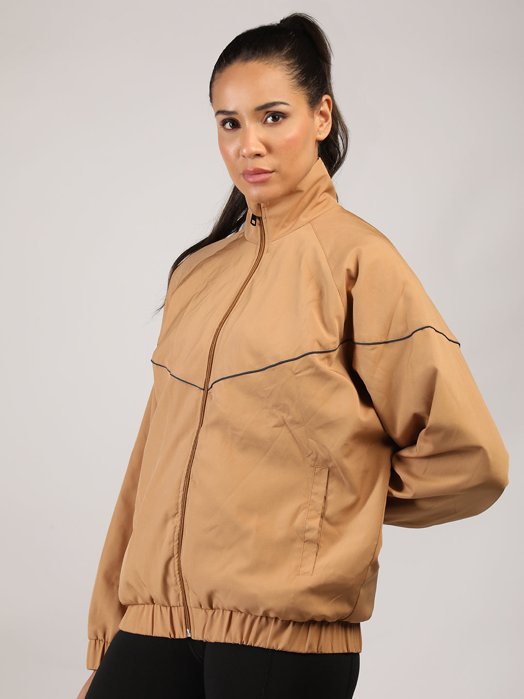 Women Winter Sports Oversized Windcheater Hooded Jacket Camel
