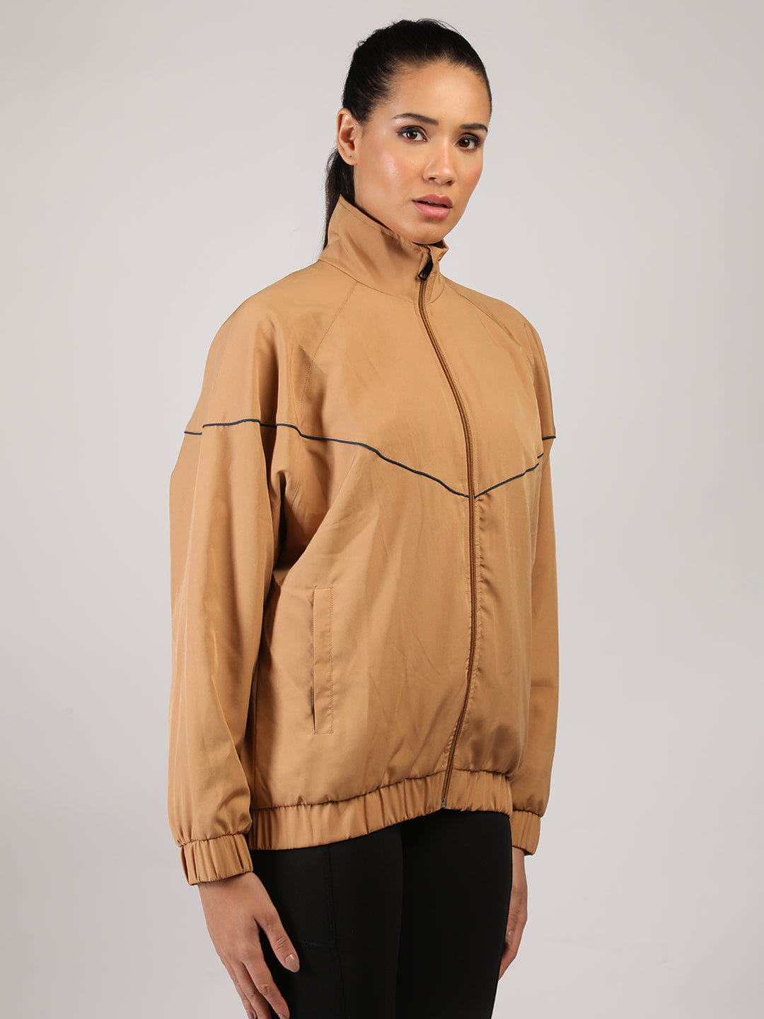 Women Winter Sports Oversized Windcheater Hooded Jacket Camel