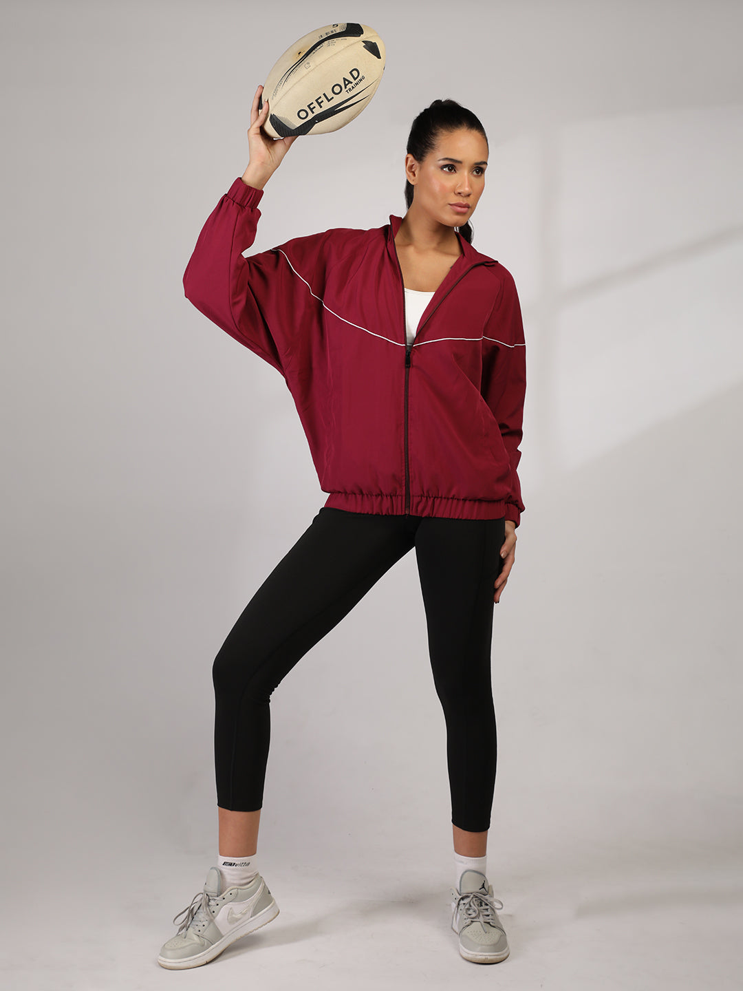 Women Winter Sports Oversized Windcheater Hooded Jacket Maroon