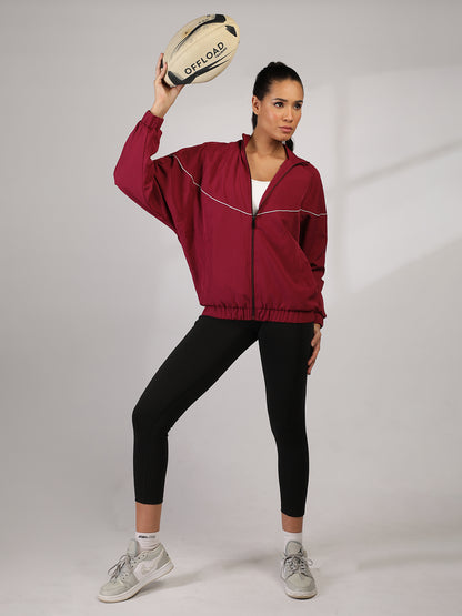 Women Winter Sports Oversized Windcheater Hooded Jacket Maroon