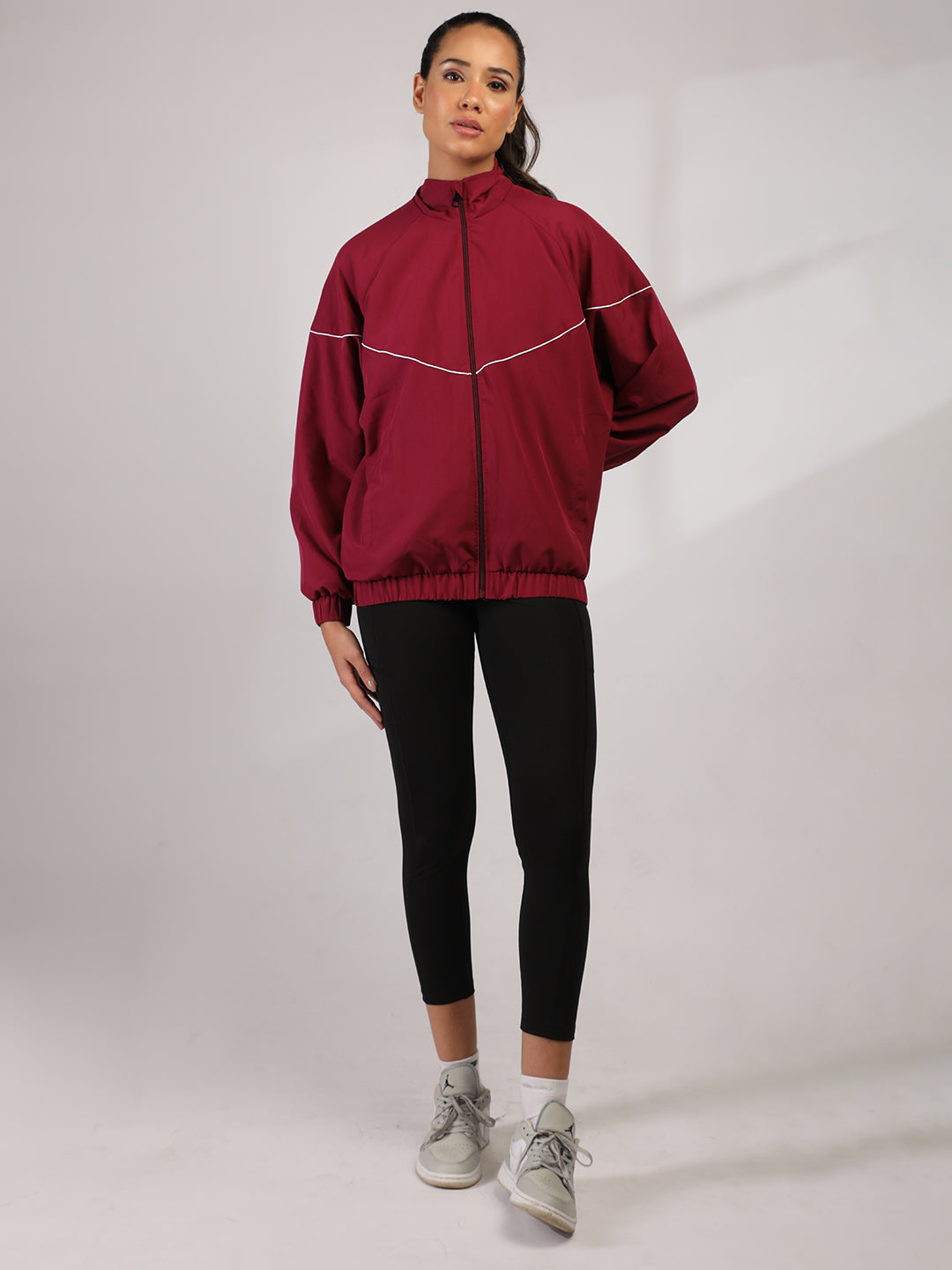 Women Winter Sports Oversized Windcheater Hooded Jacket Maroon