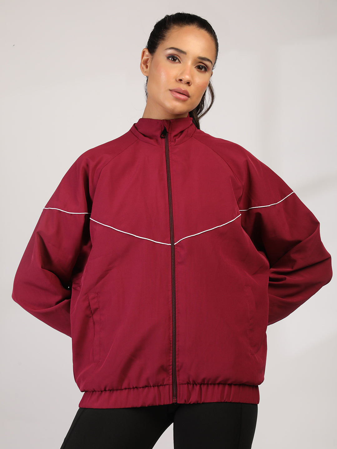 Women Winter Sports Oversized Windcheater Hooded Jacket Maroon