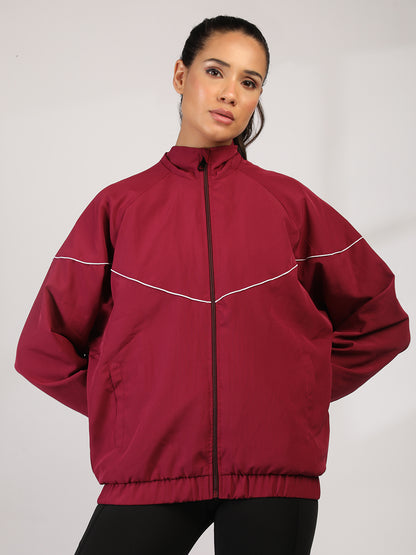 Women Winter Sports Oversized Windcheater Hooded Jacket Maroon