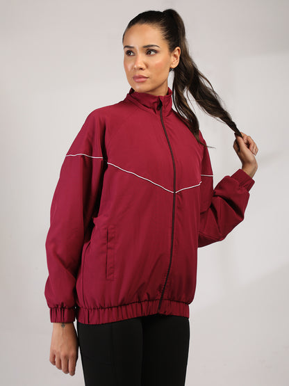 Women Winter Sports Oversized Windcheater Hooded Jacket Maroon