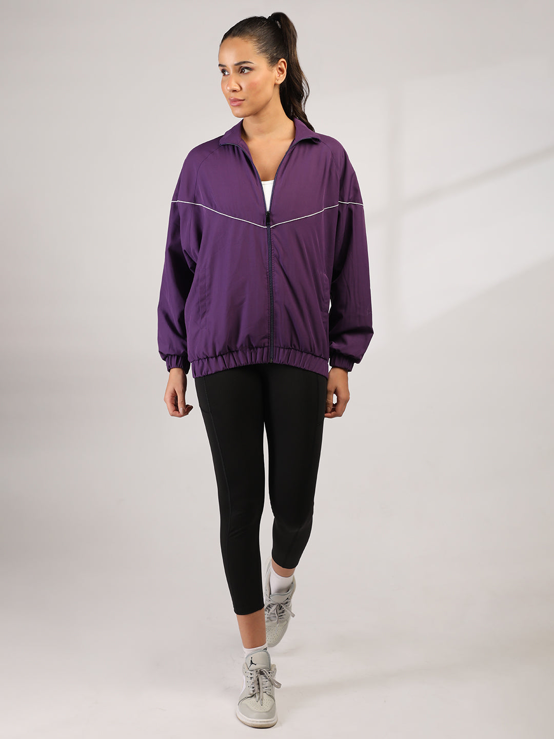 Women Winter Sports Oversized Windcheater Hooded Jacket Purple