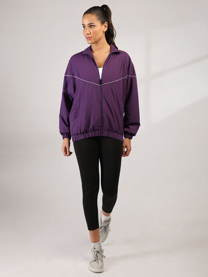 Women Winter Sports Oversized Windcheater Hooded Jacket Purple