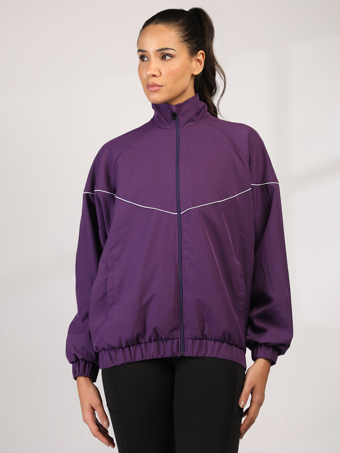 Women Winter Sports Oversized Windcheater Hooded Jacket Purple